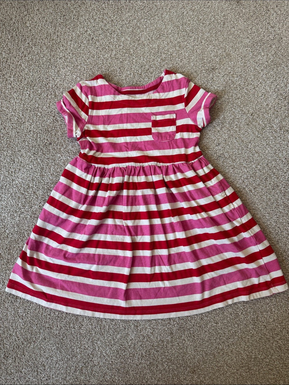 Mini Boden - Girls Pink & Red Stripe Cotton Dress With Pockets